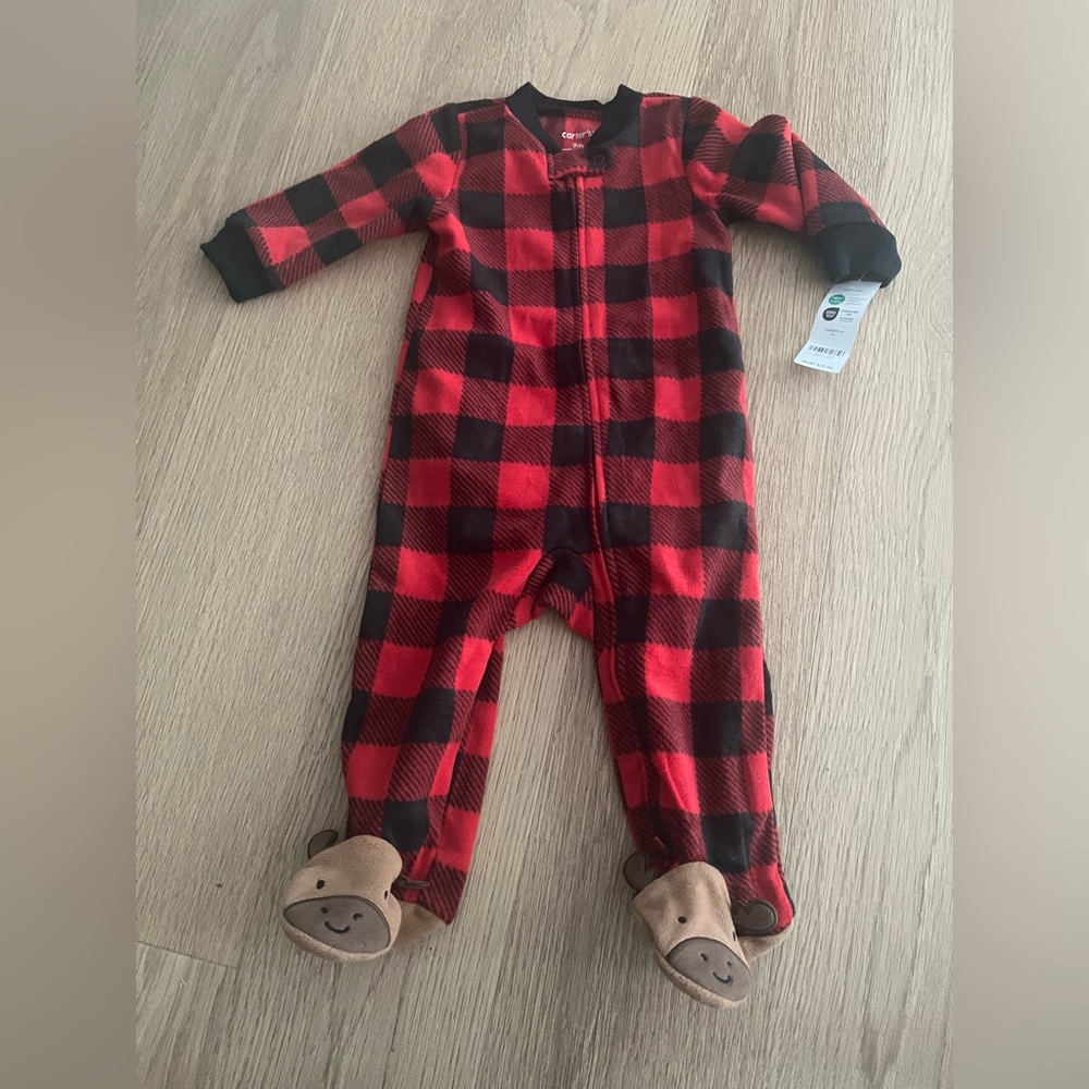NWT-Carter's Red and Black Plaid Footie with Bear Feet